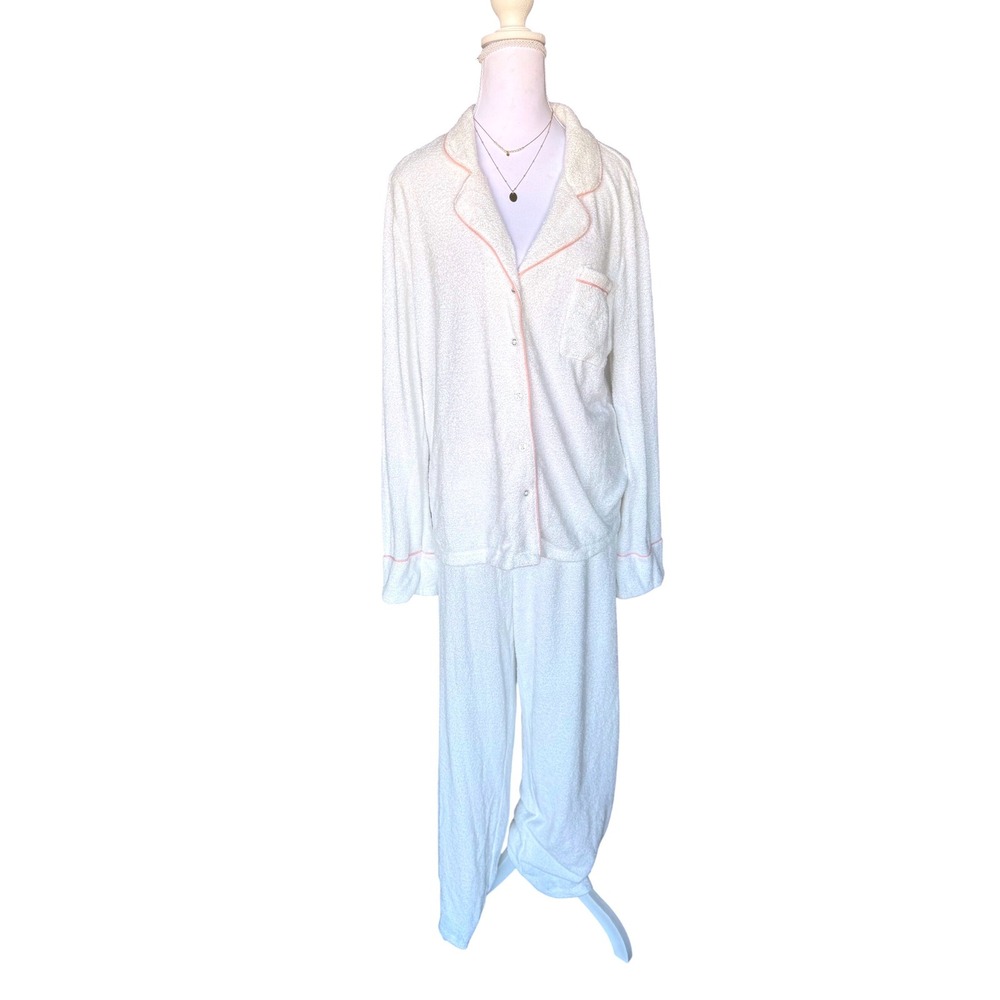 Splendid Fuzzy Pajama Set White Pink Piping Loungewear Cozy Comfy Pjs XL